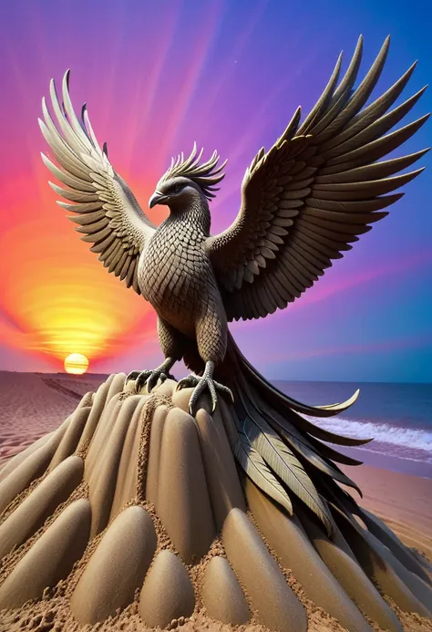 sand sculpture style,  colorful phoenix：这只colorful phoenix的羽毛在阳光下流转着彩虹般的色彩，from the red flame to the mysterious violet light，eve...