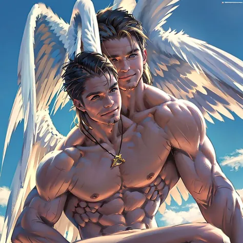 NSFW, 1 solo man ,high quality,  detailed face, detailed fingers, detailed cock, detailed muscles, hunk and handsome mature man, Stephen AMELL naked and horny, , showing his muscles , wearing two angel wings  , floating in the sky , smiling with angelic  f...