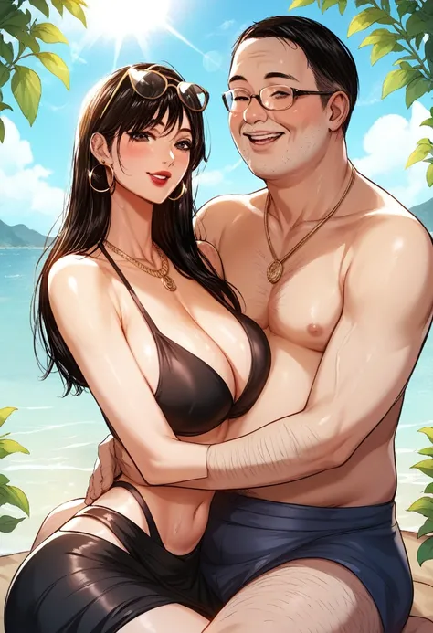 Hot sexy beautiful milf mom  hugging with ugly fat old man while wrapping her on leg around him, cleavage, black sarong bikini,slender body, detailed lips rings ,black blunt hair,black eyes,white sun glasses on head, detailed , big  hoops earrings , alluri...