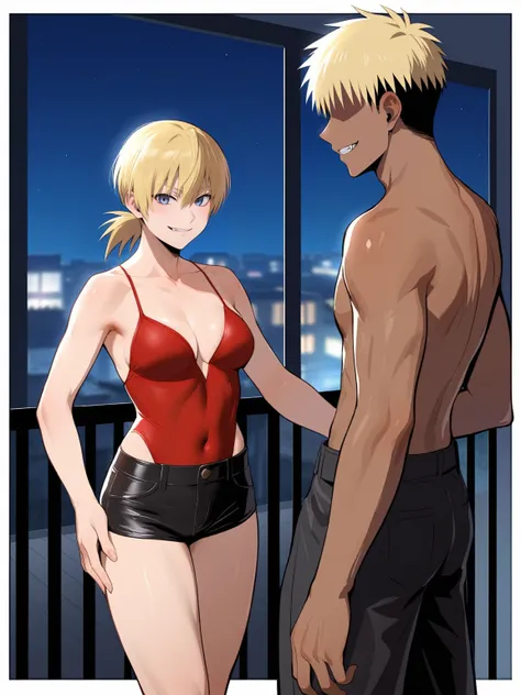 score_9, score_8_up, source_anime, standing, hellsing, seras, blonde hair, nude, indoors, night, night sky, nighttime, vampire, smirk, fangs, ikuchan, balcony, town background, clothed, male wearing shorts, muscular male, medium breasts, boyfriend, couple,...