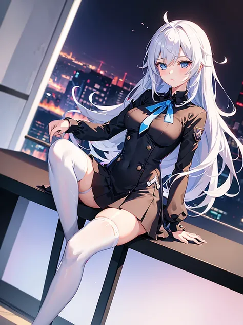 anime girl sitting on a desk with her legs crossed, office clothes, on a desk, thighhighs and skirt, sitting on a desk, tight attire, trending on cgstation, good hips and long legs, standing on a desk, elegant legs, sexy pose, long legs, (sfw) safe for wor...