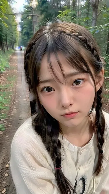 Girl with braided hair,16 years old、Peeing on a dark forest road, I cant stand it anymore, Horny Face, Facing the Pain of Endurance, close your eyes