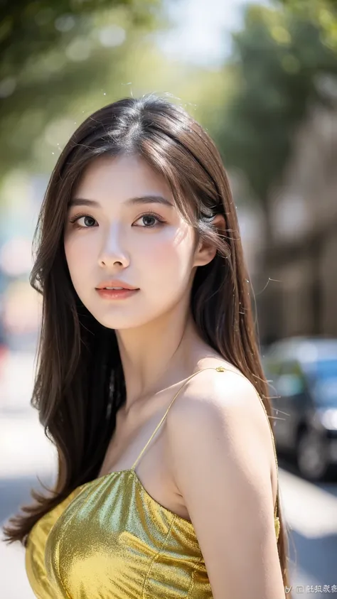 ((Best quality, 8K, masterpiece:1.3))，1girl，18 years old，Asian，Real texture:1.3，(Background blur:1.1)，Gorgeous long dress，Tall and slender figure:1.2，(Hot summer weather)，（street:1.3），Highly detailed face and skin textures，Exquisite eyes，Long eyelashes，Dou...