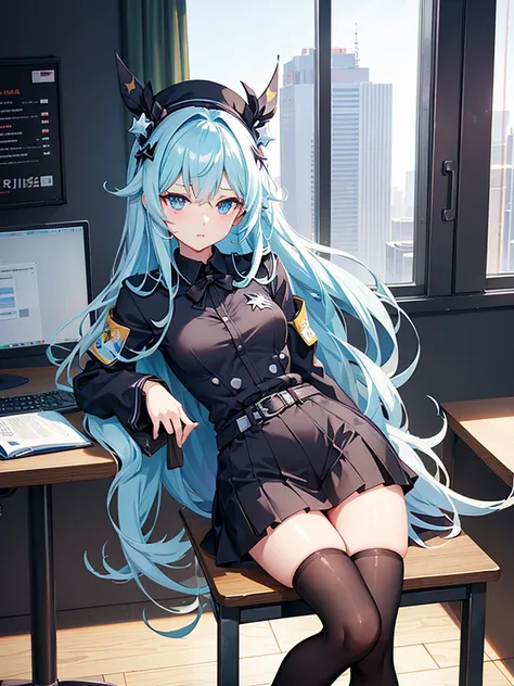 anime girl sitting on a desk with her legs crossed, office clothes, on a desk, thighhighs and skirt, sitting on a desk, tight attire, trending on cgstation, good hips and long legs, standing on a desk, elegant legs, sexy pose, long legs, (sfw) safe for wor...