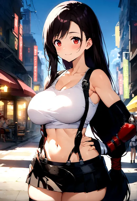 score_9, score_8_up, score_7_up,score_6, score_5,4k,BREAK , (from front:),breast focus,standing,straight-on,,(upperbody),looking_at_viewer ,1girl, tifa lockhart, final fantasy, tareme,black hair, low-tied long hair, red eyes, bangs, white tank top, belt, p...