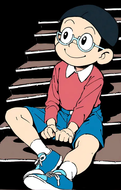 Nobita Nobi,solo, smile, simple background, shirt, black hair, long sleeves, 1boy, sitting, full body, male focus, shoes, glasses, shorts, socks, collared shirt, black background, red shirt, blue shorts, blue footwear, stairs