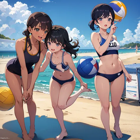 Multiple girls in swimsuits on the beach playing volleyball