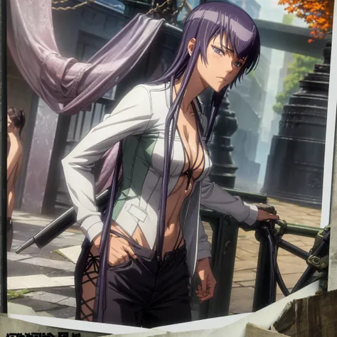 Saeko Busujima, ropa formal, pantalon de mezclilla, Camisa negra con logo de Linkin Park, Meteora, cielo, plaza, edificios, mirando al espectador,
