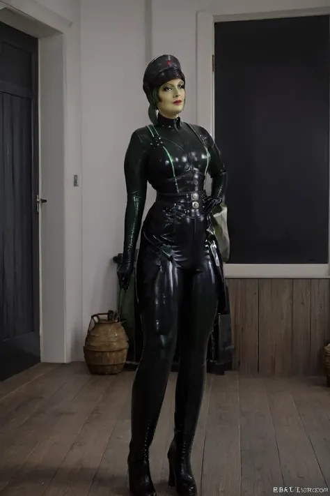 black latex , cinematic film still hera syndulla, (green skin:1.2), grin at canal, full body shot, highly detailed environment ....