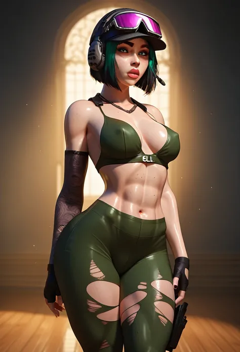 score_9_up, score_8_up, score_7_up, Ela, Rainbow six siege, torn tight pants, torn pants, thick arms, thick eyebrows, thick lips, thick thighs, big ass, woman in a green bikini and helmet, a 3D render by Nagasawa Rosetsu, cgsociety, sots art, daz3d, ultra ...