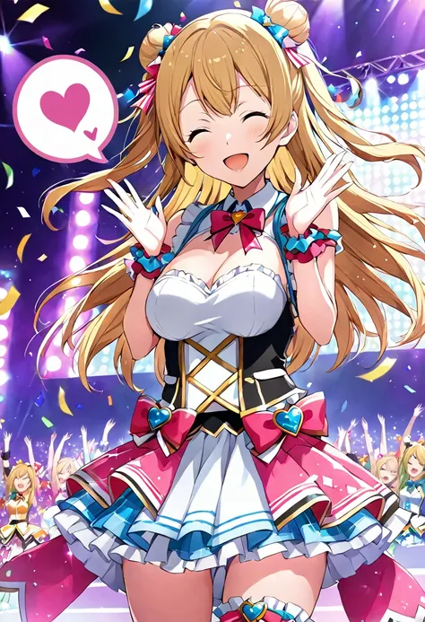 one cute girl, the background is stage, the girl wearing (fantasy idol costume), smile, closed eyes, (confetti:1.2), (spoken heart:1.2), medium breasts, Raise your hands high and wave to your fans