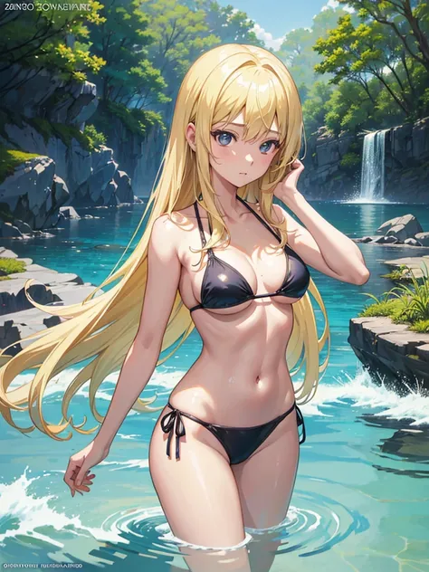 a woman in a bikini is in the water with her hands on her head, an anime drawing by Kentaro Miura, pixiv, process art, blonde anime girl with long hair, seductive anime girl, top rated on pixiv, anime goddess, beautiful alluring anime teen, clean detailed ...