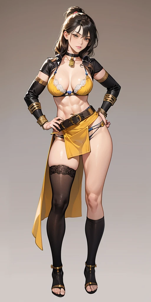 full body toe to head, masterpiece, 1soloMILF BIMBO standing yellow loincloth and yellow bra, left hand on hips and right hand down pose, leather collar choker neck bell shackles wristbands bracers bracelets sleeves and stockings, strong body, abs, shiny s...