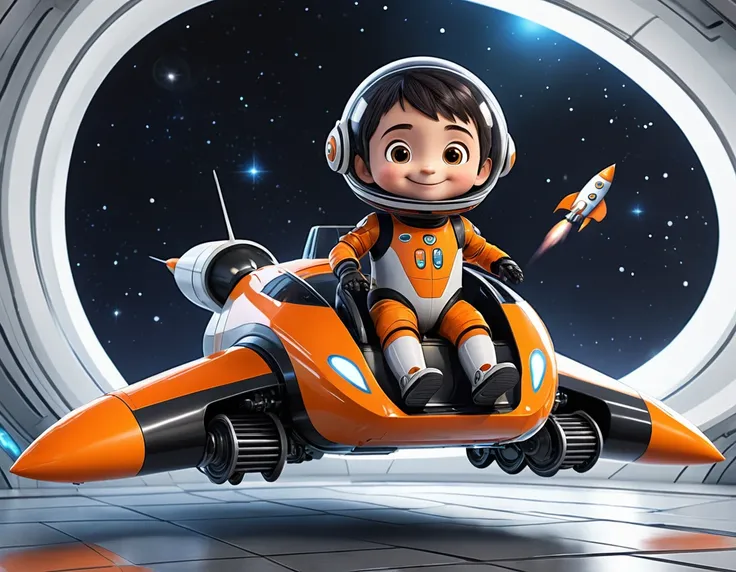 Create an image of a short, childlike, and funny-looking male AI character with a predominantly orange and black appearance. He should be riding a rocket that is smaller than he is. The background should be white. The AI character should have a cheerful ex...