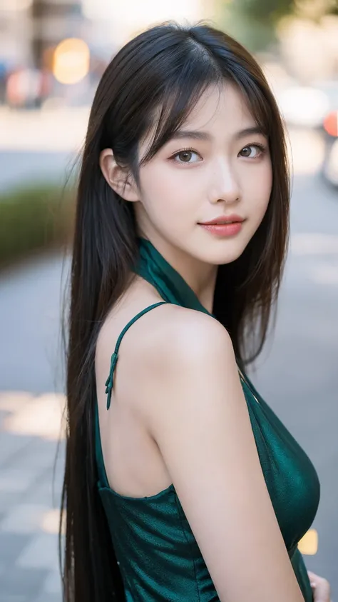 ((Best quality, 8K, masterpiece:1.3))，1girl，18 years old，Asian，Real texture:1.3，(Background blur:1.1)，Gorgeous long dress，Tall and slender figure:1.2，(Hot summer weather)，（street:1.3），Highly detailed face and skin textures，Exquisite eyes，Long eyelashes，Dou...