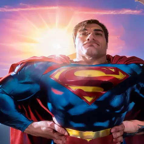 Superman is standing in front of the sun with his hands on his hips., superman, pose de superhombre, sin texto, persona real