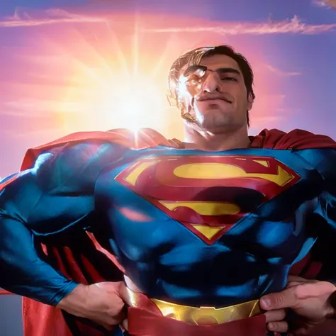 Superman is standing in front of the sun with his hands on his hips., superman, pose de superhombre, sin texto, persona real