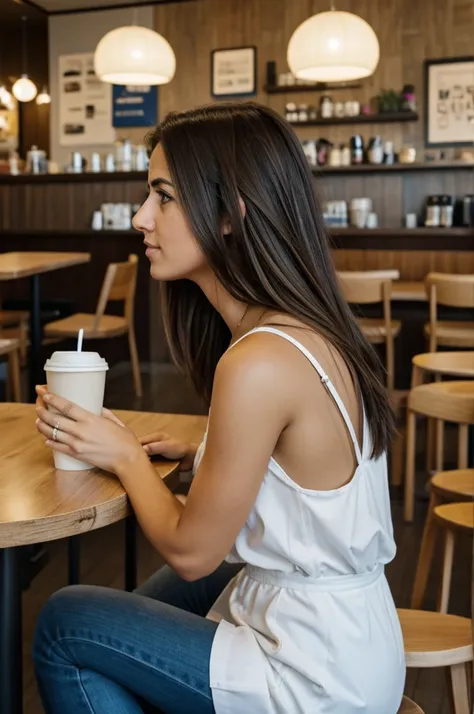 Una chica latina, con un baso reutilizable en sus manos, in a coffee shop, con plano de la rodilla hacja arriba 