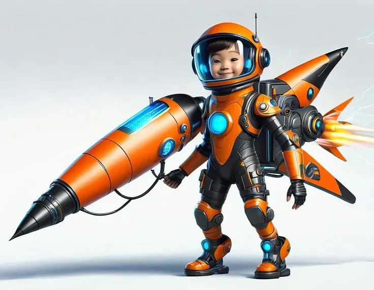 Create an image of a short, childlike, and funny-looking male AI character with a predominantly orange and black appearance. He should be riding a rocket that is smaller than he is. The background should be white. The AI character should have a cheerful ex...