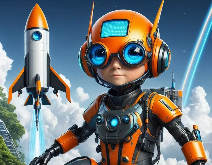 Create an image of a short, childlike, and funny-looking male AI character with a predominantly orange and black appearance. He should be riding a rocket that is smaller than he is. The background should be white. The AI character should have a cheerful ex...