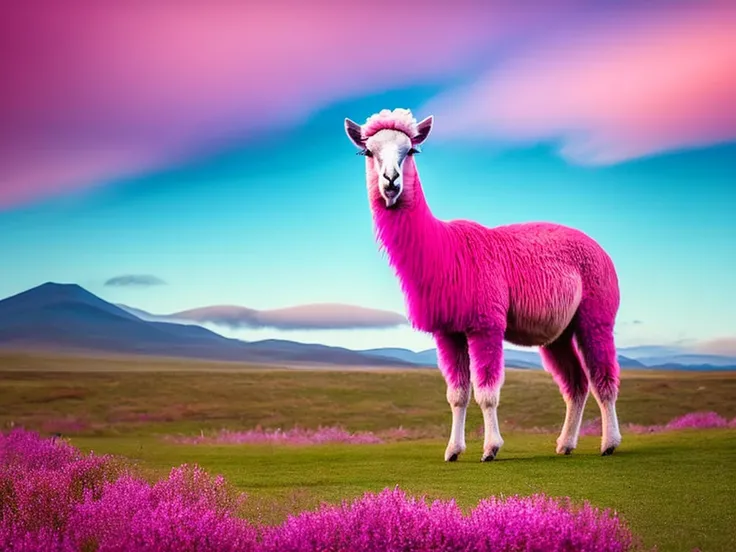 a pink alpaca standing in a field, alpaca, 8 k ultra realistic animal, by Chris LaBrooy, lama, trending on dribbble.com mascot, llama all the way, llama, wild fluffy llama portrait, 8 k ultra realistic creature, portrait of a llama, lama with dreadlocks, f...