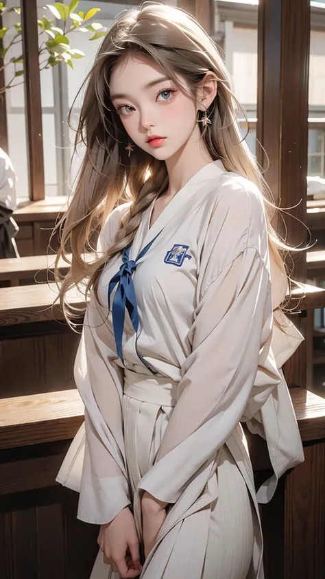 A beautiful high school girl who is half French and half Japanese、Anyway, her face is beautiful、Beautiful blue eye color、She has beautiful long straight hair that is light blonde in color.、The clothes are sailor suits, which are Japanese school uniforms, a...