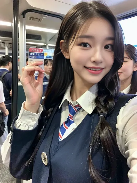 (A super cute Korean high school girl with a school bag is going to school.:1.2)(grin,smile:1.1)(Beautiful Sweat:1.1)(16k, RAW Photos, Highest quality, masterpiece: 1.2),(A cute braid of shiny black hair) Super detailed, Super Resolution, (Genuine, Genuine...