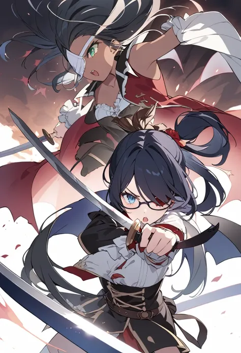 Two girls, a pirate with black hair, dark skin and green eyes, with a patch over her right eye and a vampire with blue eyes and glasses, fighting with swords.