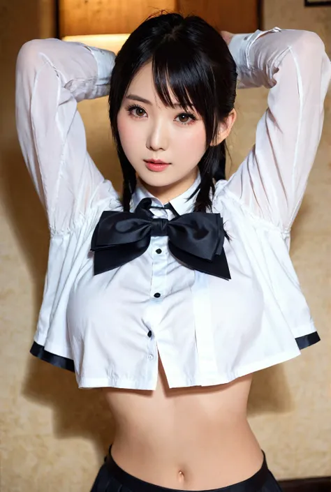 There is a woman in a white shirt and black bow tie, realistic Young Gravure Idol, 白いWear a shirt, Young and cute gravure idol, Open shirt, Tied shirt, Kotegawa Yui, Wear a shirt, Young and sexy gravure idol, Young Gravure Idol, Wearing Japanese clothes , ...