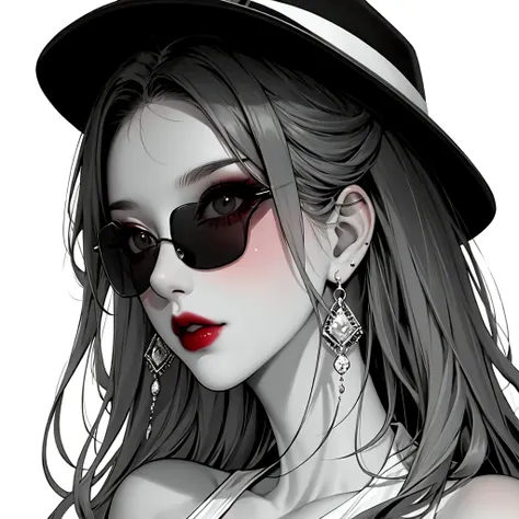 1girl, sunglasses, solo, hat, lipstick, red lips, long hair, dress, plunging neckline, makeup, monochrome, white background, earrings, cleavage, jewelry, upper body, spot color, hair over shoulder,dark theme,shiny,shiny skin,milf,(mature female:1.2), 