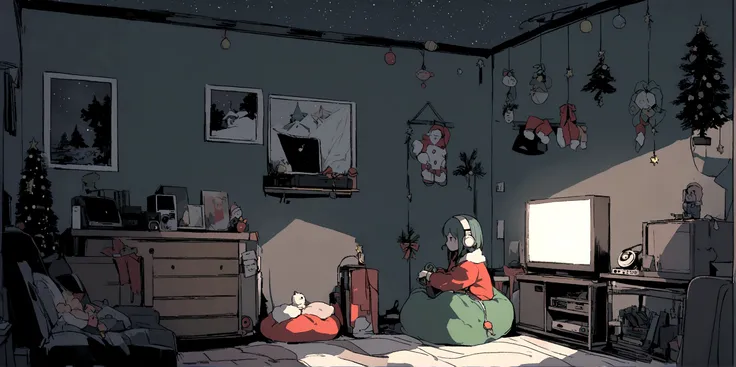 night、Girl listening to music in a cozy room, Christmas decorations.  2D, Lo-Fi, hard disk, Dark Environment