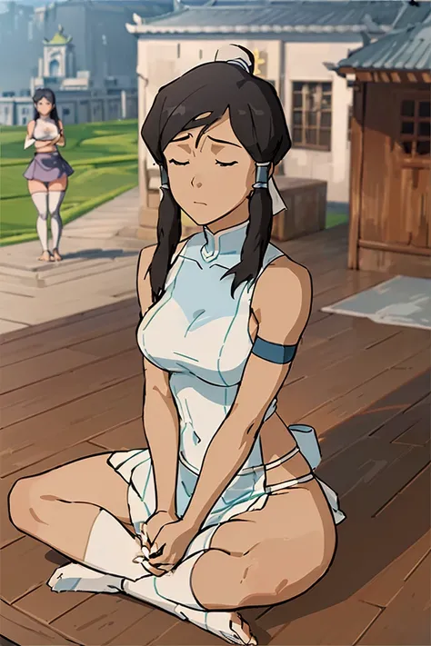 view from above,,The legend of korra, korra,(medium tits,thongs,stockings,micro bikini,mouth veil,micro skirt,sitting cross - legged ,)( meditating,lotus pose sitting on meditation:1.4), lifting skirt, closed eyes
