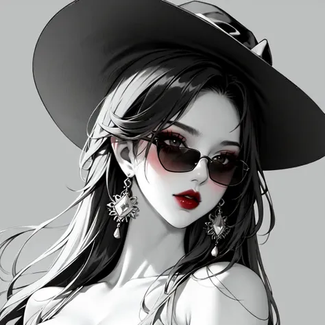 1girl, sunglasses, solo, hat, lipstick, red lips, long hair, dress, plunging neckline, makeup, monochrome, white background, earrings, cleavage, jewelry, upper body, spot color, hair over shoulder,dark theme,shiny,shiny skin,milf,(mature female:1.2), 