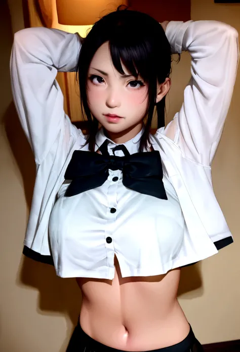 There is a woman in a white shirt and black bow tie, realistic Young Gravure Idol, 白いWear a shirt, Young and cute gravure idol, Open shirt, Tied shirt, Kotegawa Yui, Wear a shirt, Young and sexy gravure idol, Young Gravure Idol, Wearing Japanese clothes , ...