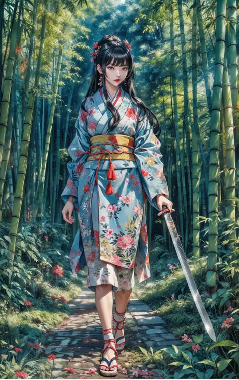 Animal trail in the bamboo forest、Girl with long black hair、A long Japanese sword in his left hand、The wind is blowing strongly、dark red lipstick、The bamboo forest is beautiful、The unpaved road is covered with moss、Dense bamboo forests on both sides、Glossy...