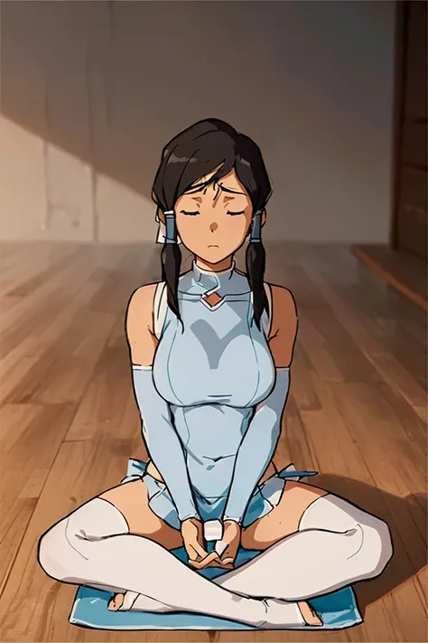 view from above,,The legend of korra, korra,(medium tits,thongs,stockings,micro bikini,mouth veil,micro skirt,sitting cross - legged:1/2),( meditating,lotus pose sitting on meditation,arms folded at the chest:1.4), lifting skirt, closed eyes
