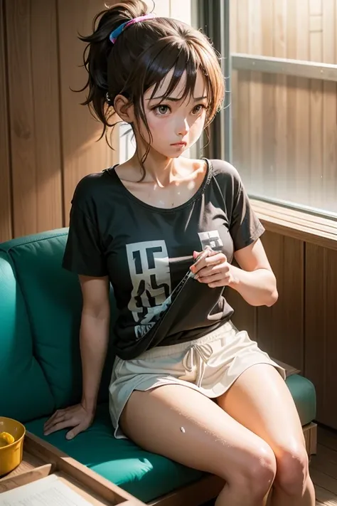 Female Kobeni Higashiyama ponytail brown hair naked body wet hair and body under short sleeve t shirt kitchen shower house background sit on the couch chainsaw man character anime series human 