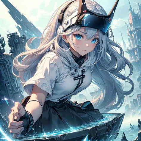 最high quality、Best image quality、masterpiece、Teenage Girls((White and blue hoodie、Black Skirt、18-year-old、 Ager、Best Bust、Large bast,Beautiful light blue eyes, Long silver hair、Slender,Big Valley、Show the whole body、Leaning forward、Attach the VR visor to y...