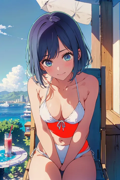 (Highest quality:1.4、8k:1.4,detailed),F cup bust、Big Breasts、Slim and beautiful arms、Slim body、Very white beautiful skin、((((1 person、smile、Swimwear、smile、sit、Chair、In the background are the urban buildings of Tokyo、Outdoor café terrace、coastal、Navy hair c...