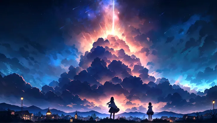 City of night、The sky is wonderful、meteor、3 year old  sitting on top of a building、Black Hair、Back view、The city is bright with streetlights、Highest quality、Anime Scenery、Xin Haichen、building、Field、Milky Way 110207, Distant 3 year old staring at the，（Zoom ...