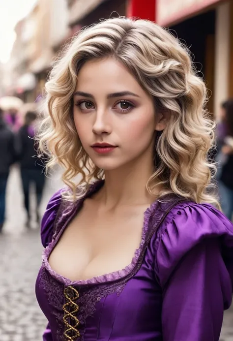 Mujer, linda, His approximate age is twenty years. Es rubia, de cabello rizado y denso,                       
                 hairstyle up with some curls falling. Tiene pendientes plateados y 
                 en cuanto a su vestimenta, He seems to be w...