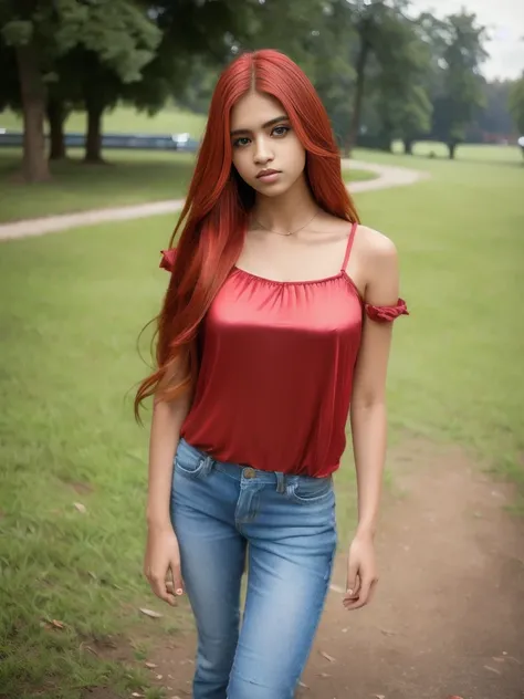 Portrait of 19 years old charming  teenage girl, healthy, beautiful Indian girl, very long red hair, cute and serious, naughty and provoking expression to viewer, ((tight silk top))), jeans, full body, in the park, sexy, ultra-realistic , photorealistic, d...