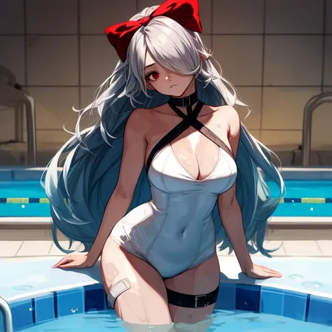 sinestrea, 1girl, solo, grey hair, frown hair bow, hair over one eye, one eye covered, long hair, medium breasts, red bow, red eyes, bestquality, 1girls,25 years old, proportional body, elongated legs, Beautiful, proportional., white one-piece suit,, gigan...