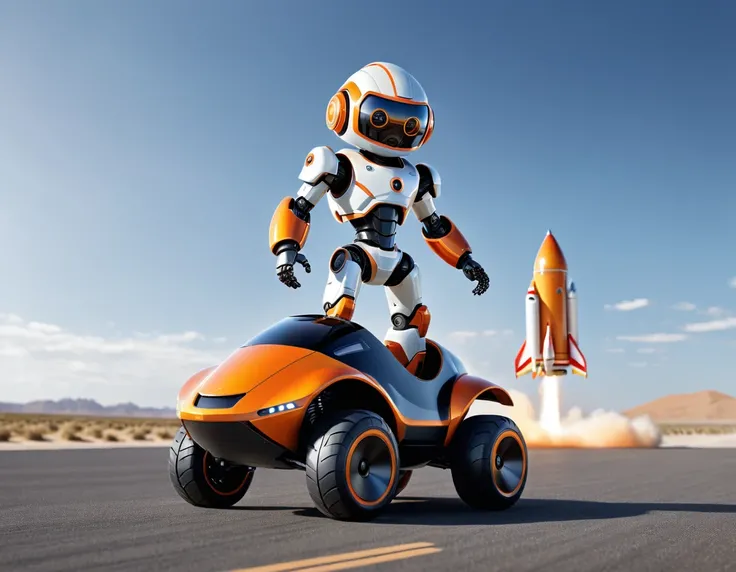 Create an image of a short, childlike, and funny-looking male AI robot character with a predominantly orange and black appearance. He should be wearing a helmet with glasses covering his eyes, but his mouth is visible. He is riding a rocket that is smaller...