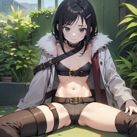 Anime, flat , (Ellen 18-years-old, short dark layered hair, Brown-eyed, small breast:1.0), hair clips 
Fantasy Rogue outfit, belt, spread legs, sitting, embarrassed, groin , 