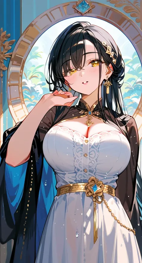 masterpiece, top quality, best quality, official art, beautiful and aesthetic, animation,, 1girl, black hair, golden eyes, long hair big sister, cold, shiny eyes, big chest