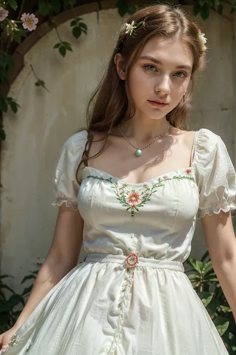 princess, 20 year old European woman, round face, white skin, sharp nose, red cheeks, dimples on the sides of her lips, small red lips, almond-shaped light green eyes, long brown hair to her waist. Long green Victorian style dress, flowing dress, short sle...