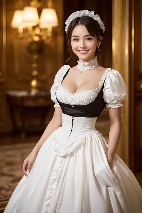 (Highest quality、Tabletop、8k、Best image quality、Award-winning works)、One beautiful woman、Glowing Beautiful Skin、(The most luxurious and gorgeous Victorian maid dresses:1.3)、Maid uniform with apron、Maid clothes with frills、Huge black and white maid dress、Go...