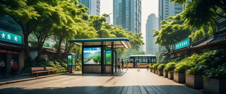 a modern chinese city, a bustling metropolis, a bus shelter with billboards, people waiting, not many people waiting, lush green...