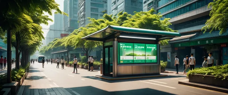 a modern chinese city, a bustling metropolis, a bus shelter with billboards, people waiting, not many people waiting, lush green...